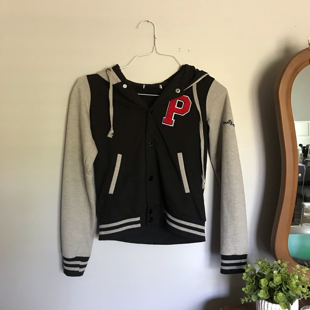 button up/ hooded varsity letterman jacket
